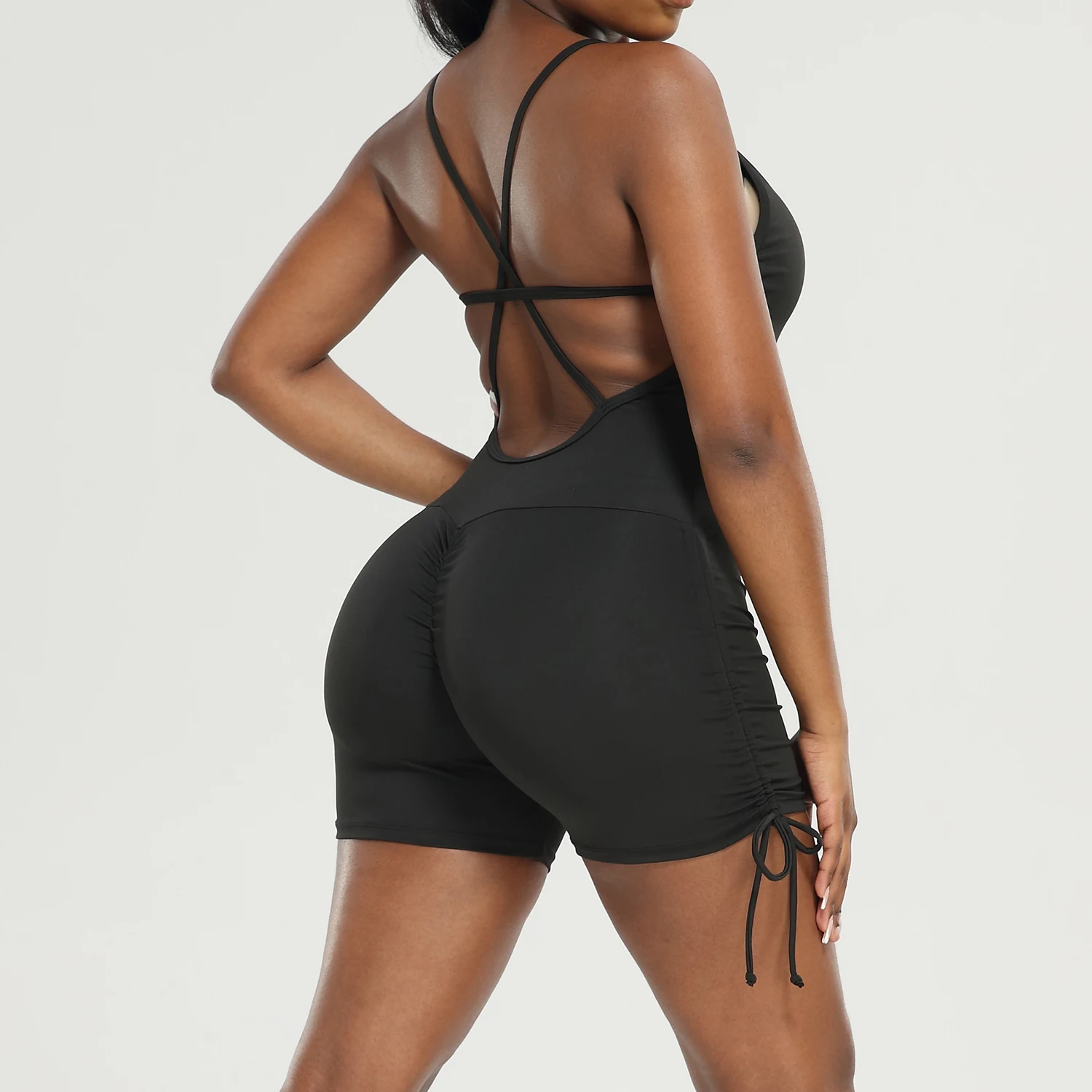 Drawstring Yoga Backless Jumpsuit Workout Catsuit Women Sexy Sleeveless Bodysuit Gym Romper