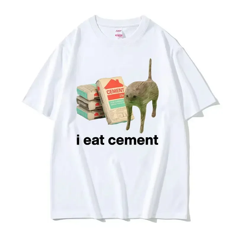 I Eat Cement Cursed Cat Funny Meme T Shirt Women's Fashion Humor Short Sleeve T Shirts Male High Quality Cotton T-shirt Tops 2