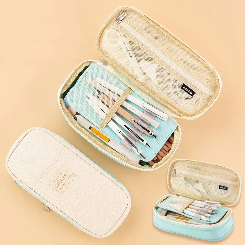 Adorable Double Layer Macaron Canvas Pencil Case for Girls - Large Capacity Kawaii Stationery Pouch