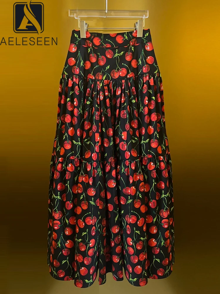 

AELESEEN Женская юбка из поплина высокого качества из 100% хлопка с Сицилийским вишневым принтом, черно-белая элегантная длинная вечерние для праздника