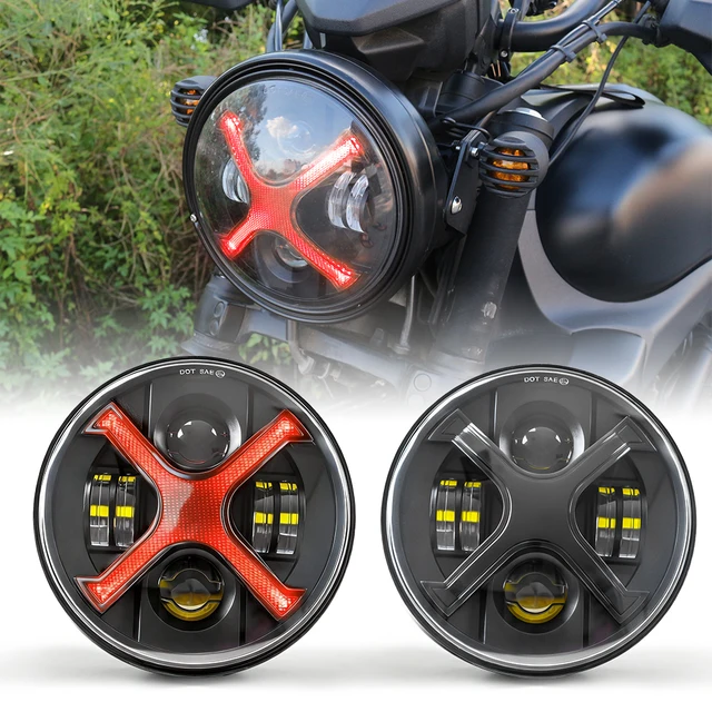 7inch Smoked X-Shaped Led Motorcycle Headlight, Amber Daytime Running Lights and Turn Signals, 60-Watt Power, Car Exterior Modification Parts, Suitable for Harley Retro Cruisers