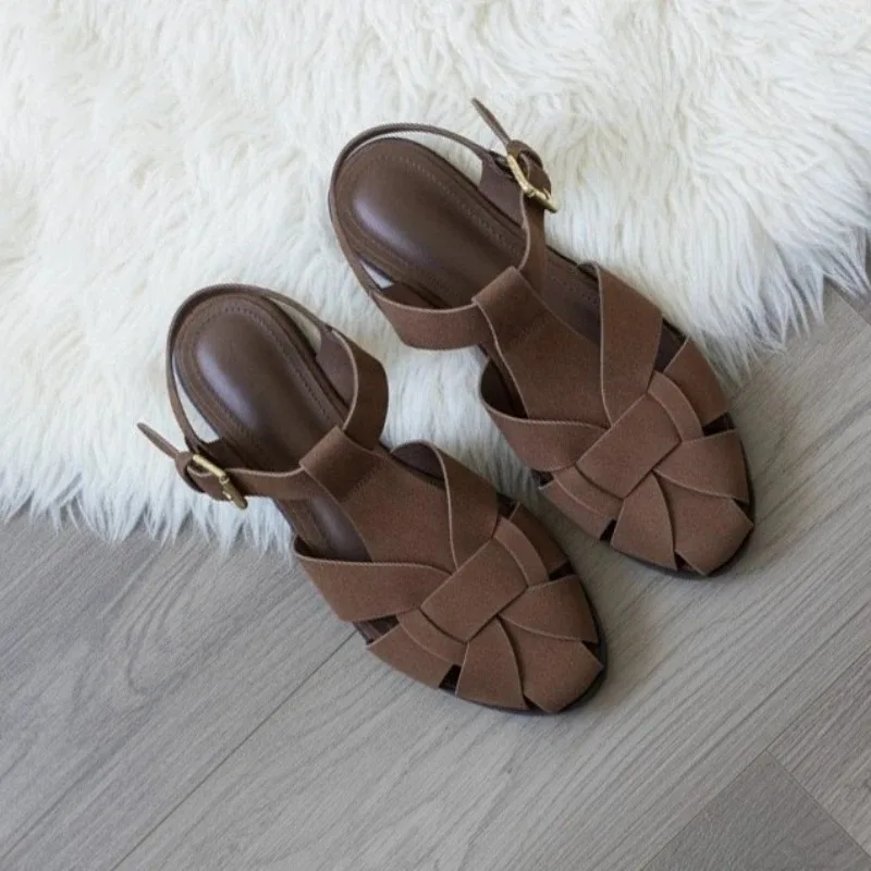Brown Gladiator For Women 2026 New Summer Retro Woven Closed Toe Flat Sandals Comfort Buckle Strap Shoes_vogvips.com