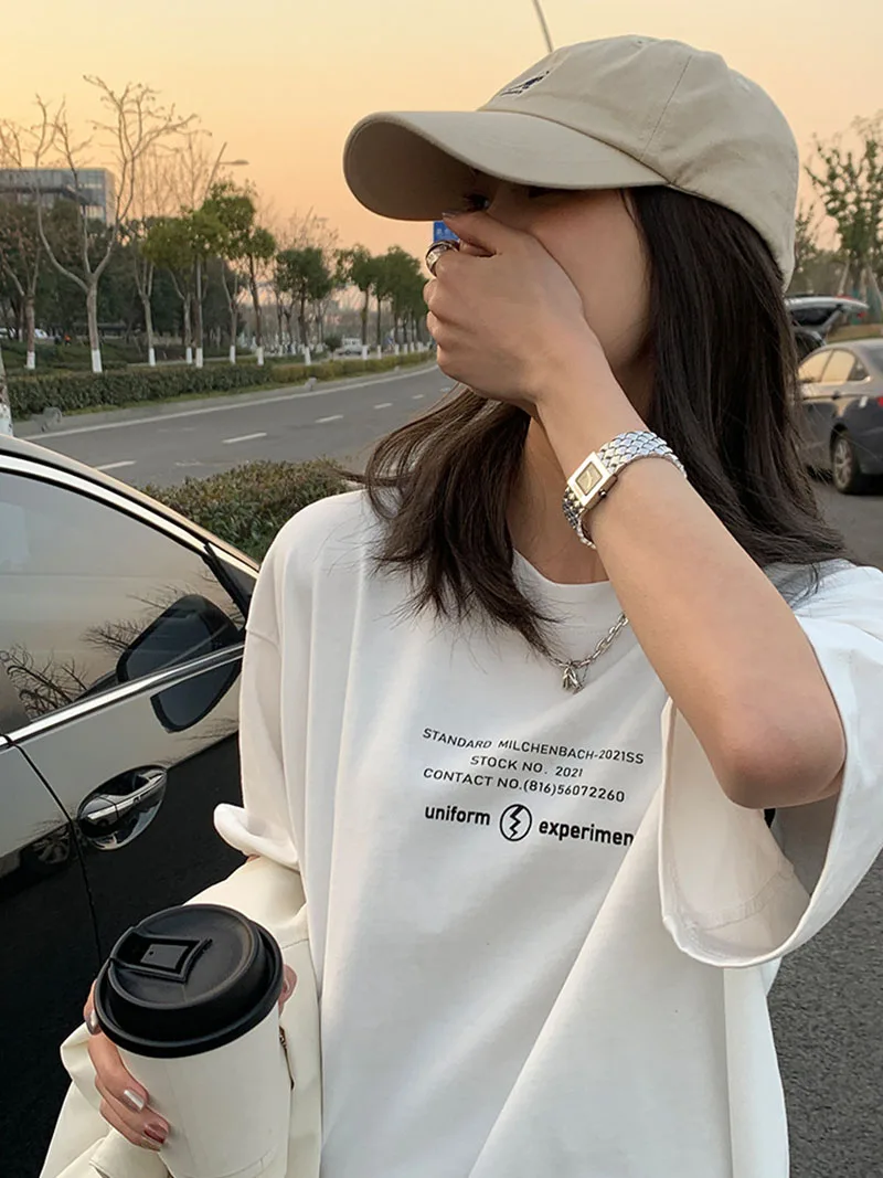 

Korean Style T-shirt Women Letters Print Short Sleeve Round Collar Women Top New Fashion Ladies Tees