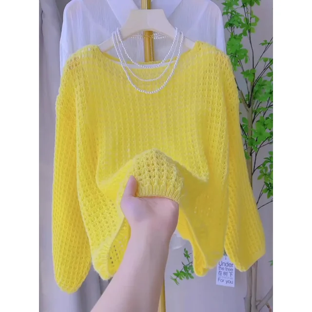 Spring and Summer Thin Hollow Long Sleeve Knitted Sweater for Women, Loose Breathable Vintage Design Top 2