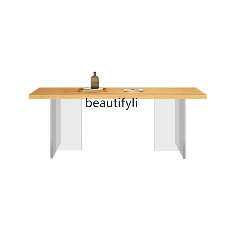 

Acrylic Suspended Solid Wood Dining Table and Chair White Wax Household Rectangular Dining Table Silent Style