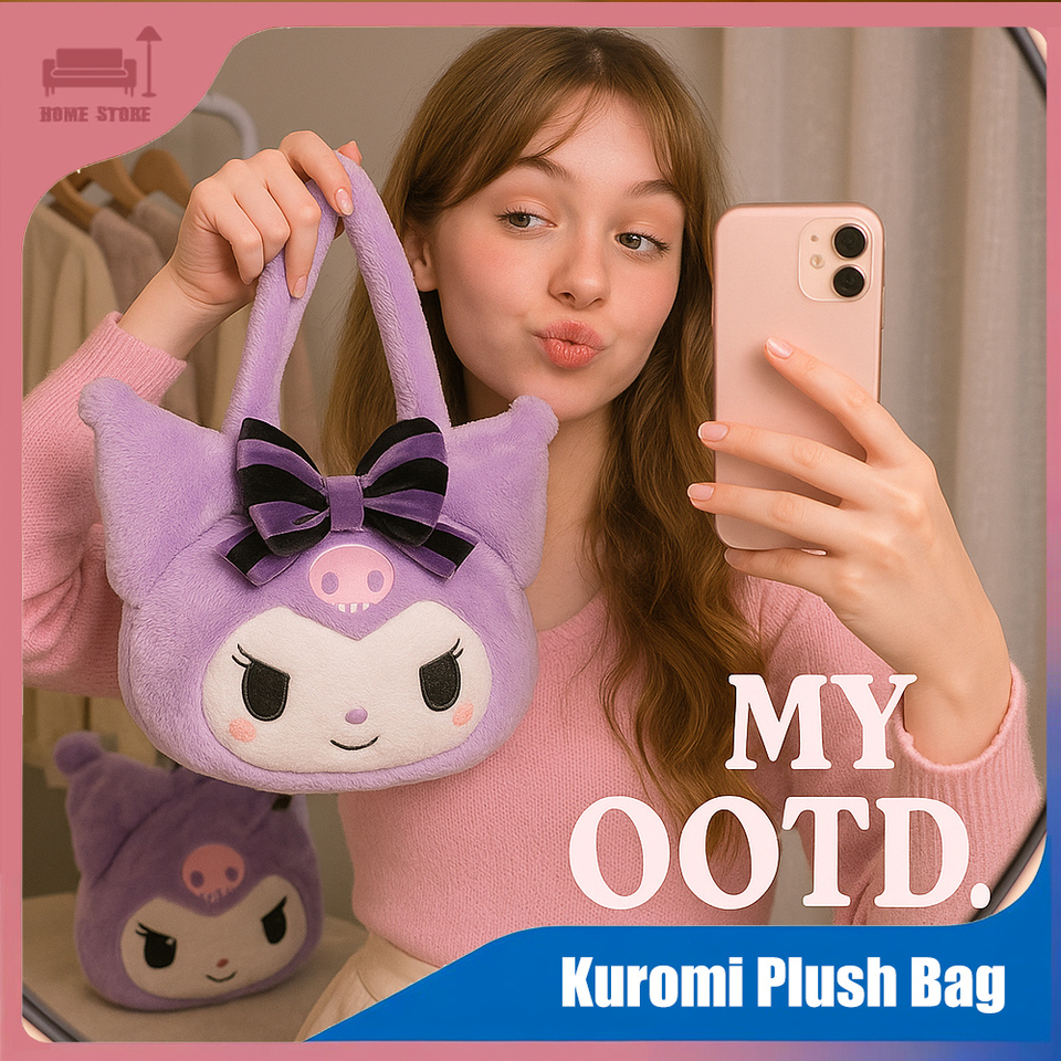 Kawaii Plush Sanrio Crossbody Bags for Girls Kuromi Tote Cute Shoulder Bag with Zipper Large Capacity Travel Storage Bag