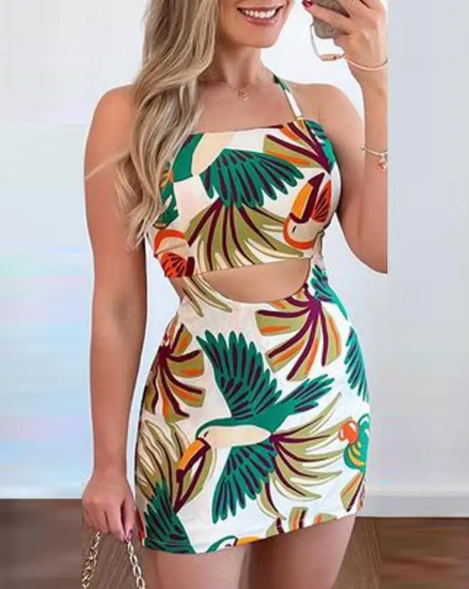 

Fashion Dresses for Women 2023 Spring Tropical Print Sexy Cutout Crisscross Backless Casual Halter Sleeveless Mini Dress