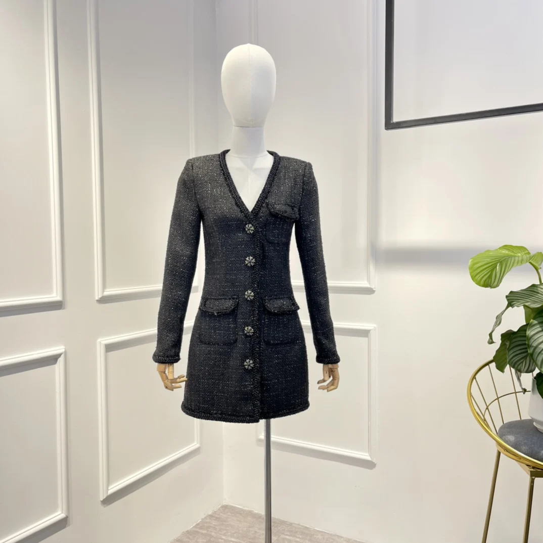 

Black Mini Knit Texture Original Dresses Slim Fit Women 2022 Fall New V-neck Crystal Buttons Long Sleeve Fashion Clothing