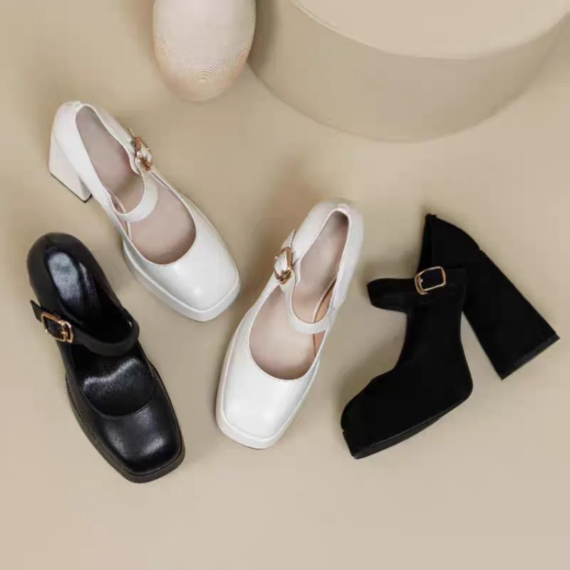 2024 New Spring Fashion Simplicity Heels Waterproof Genuine Leather Square Toe Pumps Sexy Buckle New Chunky Heels Fashion Casual