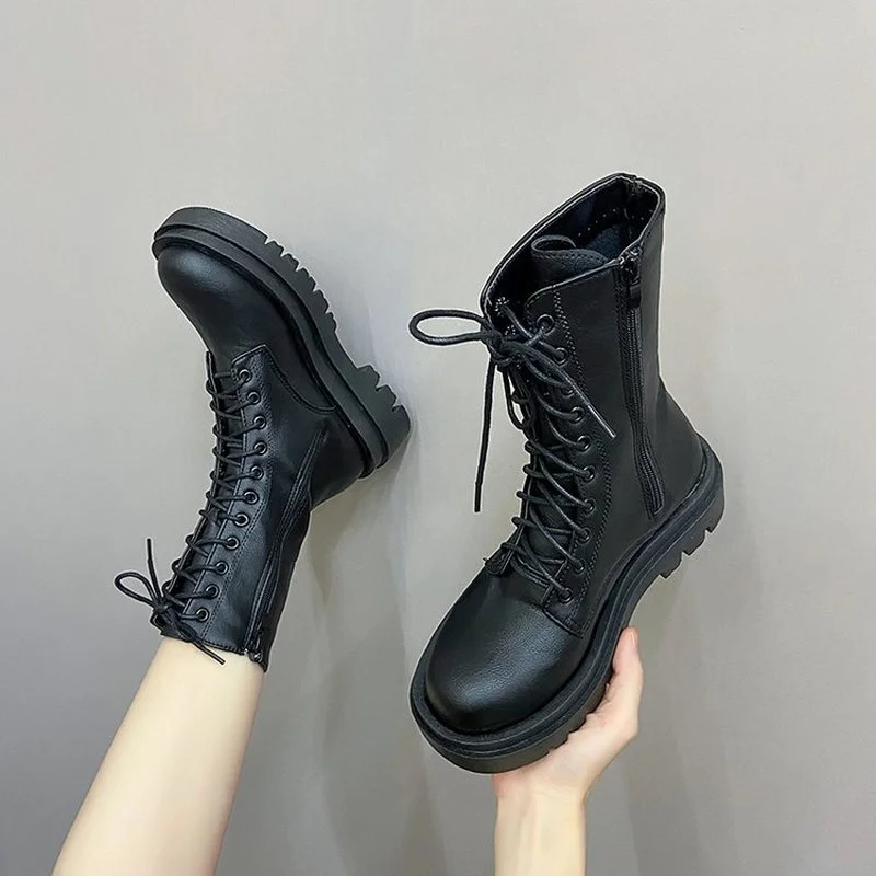 Women Boots Shoes Women's Boots 2022 Winter With Plush Woman Boots 5cm Heel Lace UP Zip Pointed Toe Plus Size 41 42 43