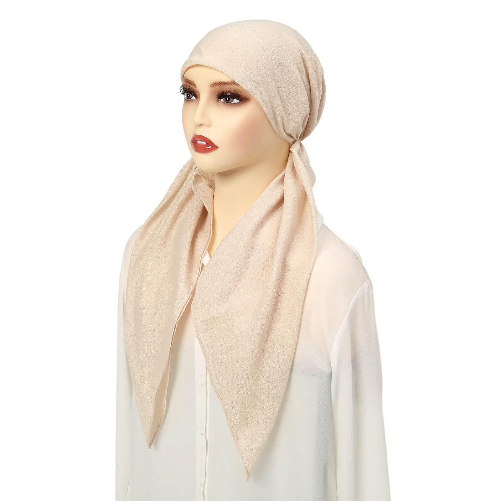 Solid Color Muslim Hijab Pre-Tied Turban Hat Women Long Tail Bonnet Chemo Cap Hair Loss Head Scarf Wrap Beanies Turbante Mujer 2