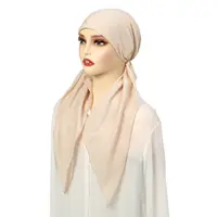 Solid Color Muslim Hijab Pre-Tied Turban Hat Women Long Tail Bonnet Chemo Cap Hair Loss Head Scarf Wrap Beanies Turbante Mujer 2