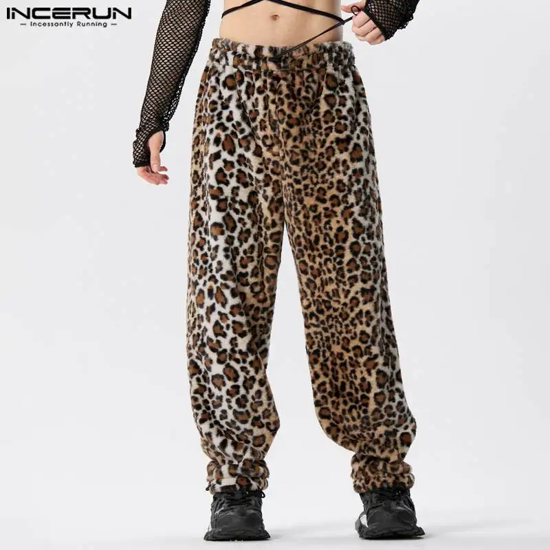 

INCERUN 2024 Sexy Personality Trousers American Style Men Leopard Print Pattern Plush Pants Party Shows Hot Sale Pantalons S-5XL