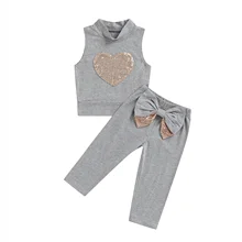 Conjunto de 2 piezas de algodón para niños y niñas, conjunto informal sin mangas con estampado de corazón y lentejuelas, con lazo y cintura elástica