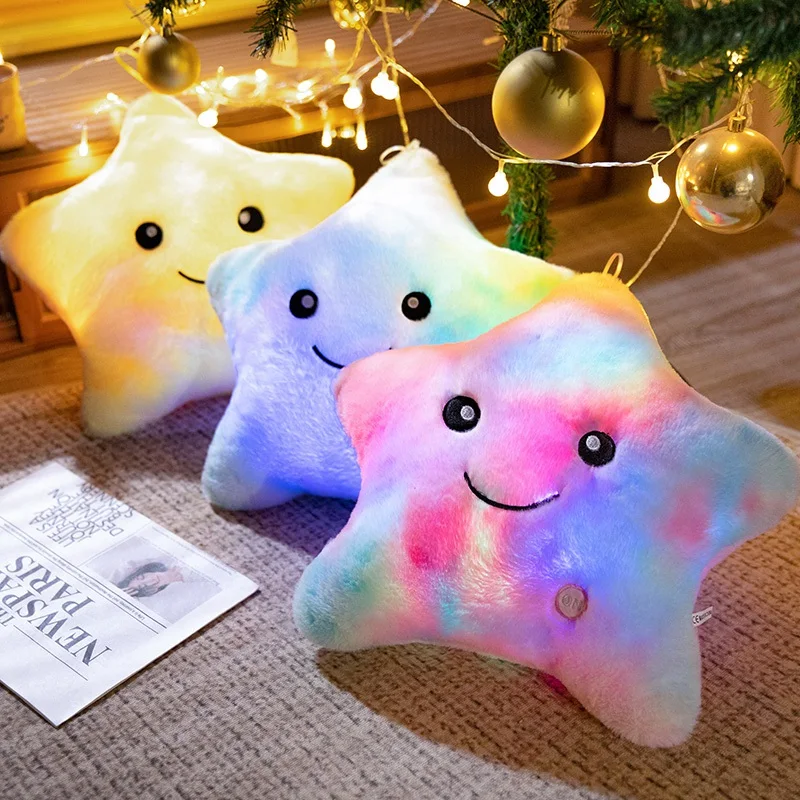 24x22/40x35cm Glowing Star Plush Pillow Stuffed Smiling Face Soft Purple Blue Green Yellow Overnight Plushie Friend Gift 2