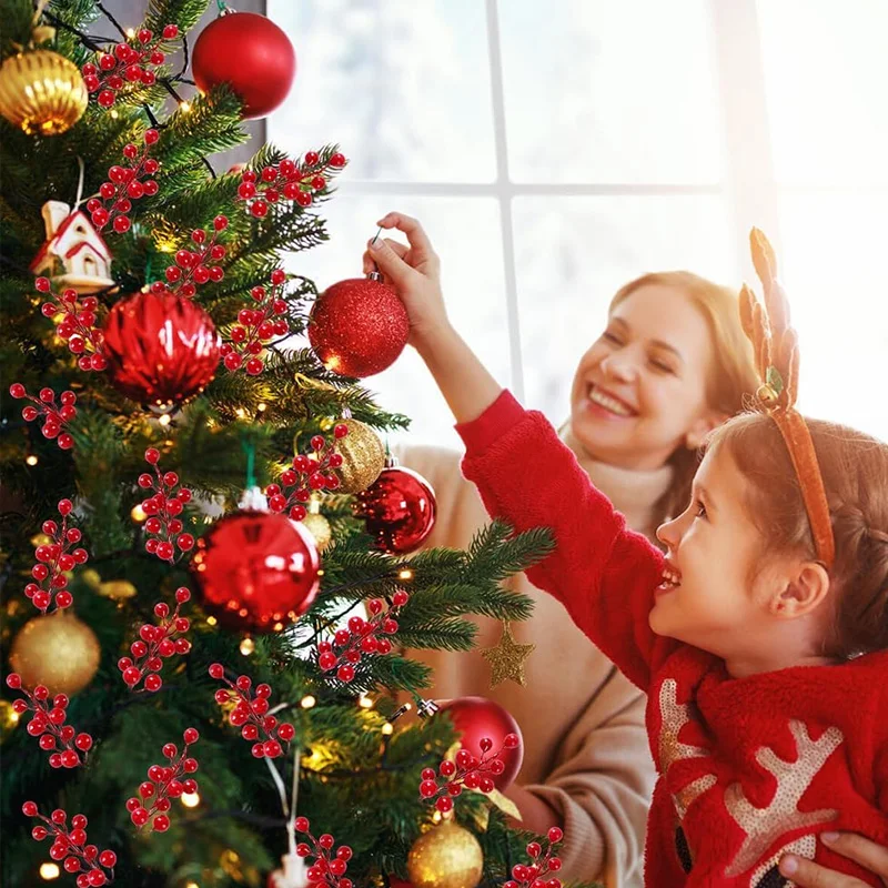 5-30pcs Artificial Red Berries Stem Christmas Red Holly Berry Stamen Fake Flowers Plants Ornament New Year Party Home Decoration