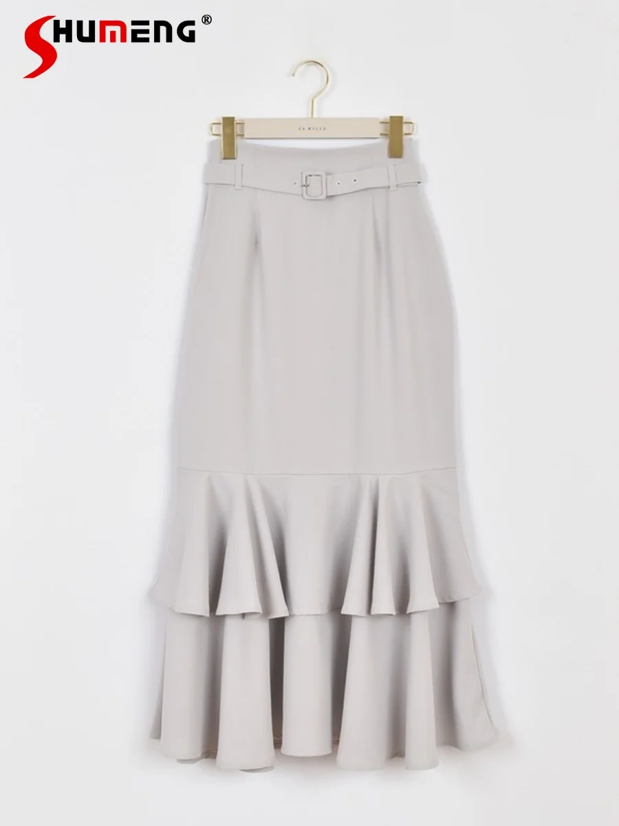 Japanese Style Ruffles Fishtail Skirt Female 2024 Early Spring Elegant High Waisted Slim-Fit Solid Color Long Skirts for Women