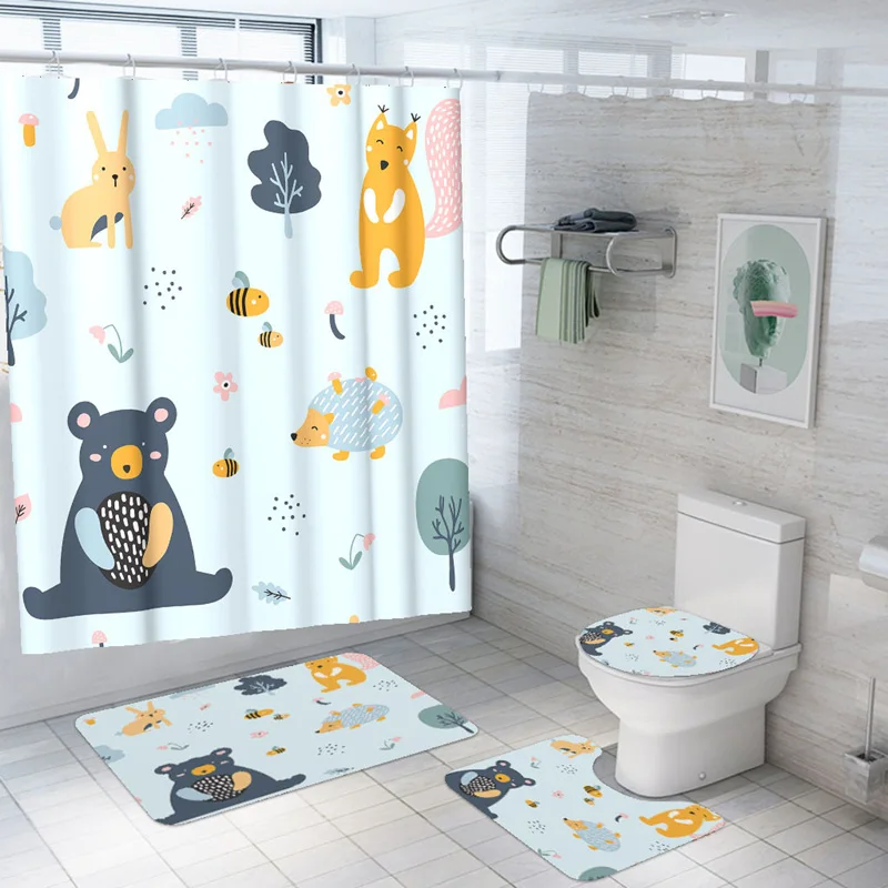 

Cute Cartoon Animals Shower Curtain 3D Print Horse Waterproof Bath Mat Set High Quality Toilet Rugs Rabbit Mildewproof Carpets