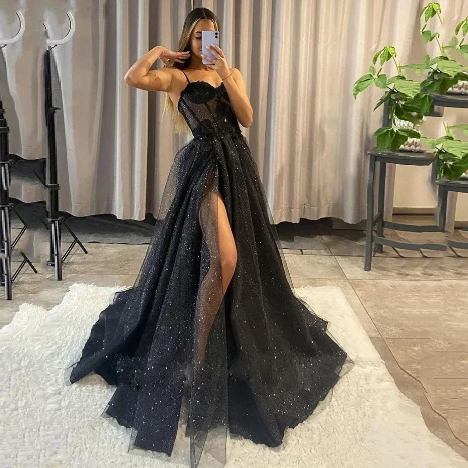 Glitter Tulle Prom Dress Long Ball Gown Spaghetti Straps Lace Appliqued 3D Flower Slit Bridesmaid Dresses Sexy Cocktail party