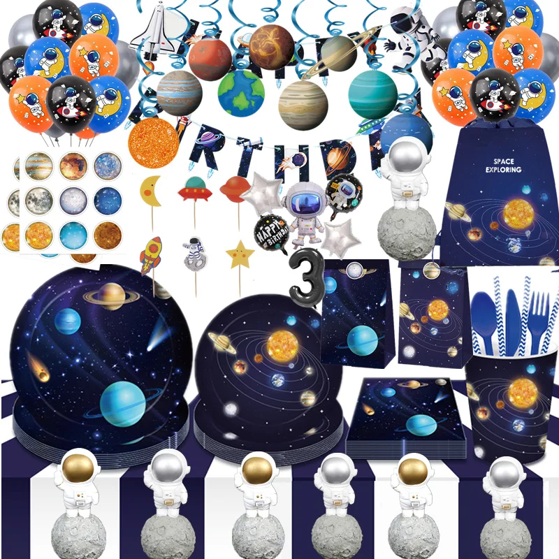 Astronaut Solar Universe Space Theme Party Supplies Disposable Tableware Paper Cup Plates Napkins Kids Birthday Party Decoration