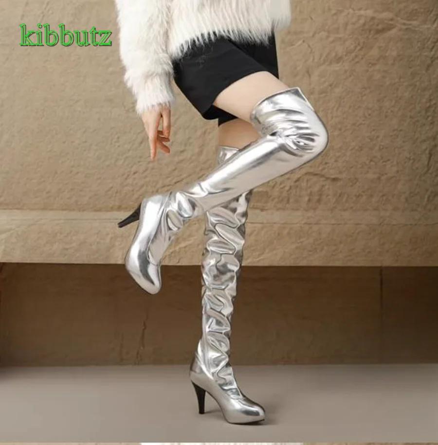 

Side Zip Patent Leather Skinny Heel Boots,Round Toe Tapered Heel Over The Knee Boots Women Shoes 2023 New Zapatos Para Mujere