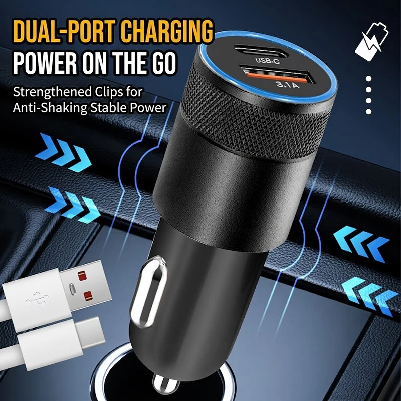 컴팩트 듀얼 포트 자동차 충전기 USB C & A 타입 3.1A 고속 충전 차량용 어댑터 (스마트 온도 제어 기능 포함, 아이폰 및 휴대폰용)