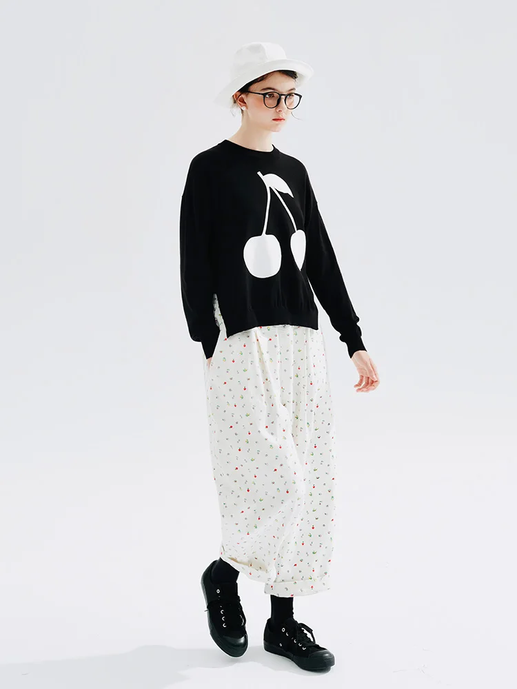 IMAKOKONI original design elastic waist floral casual pants pocket fashion nine minute long pants 234280