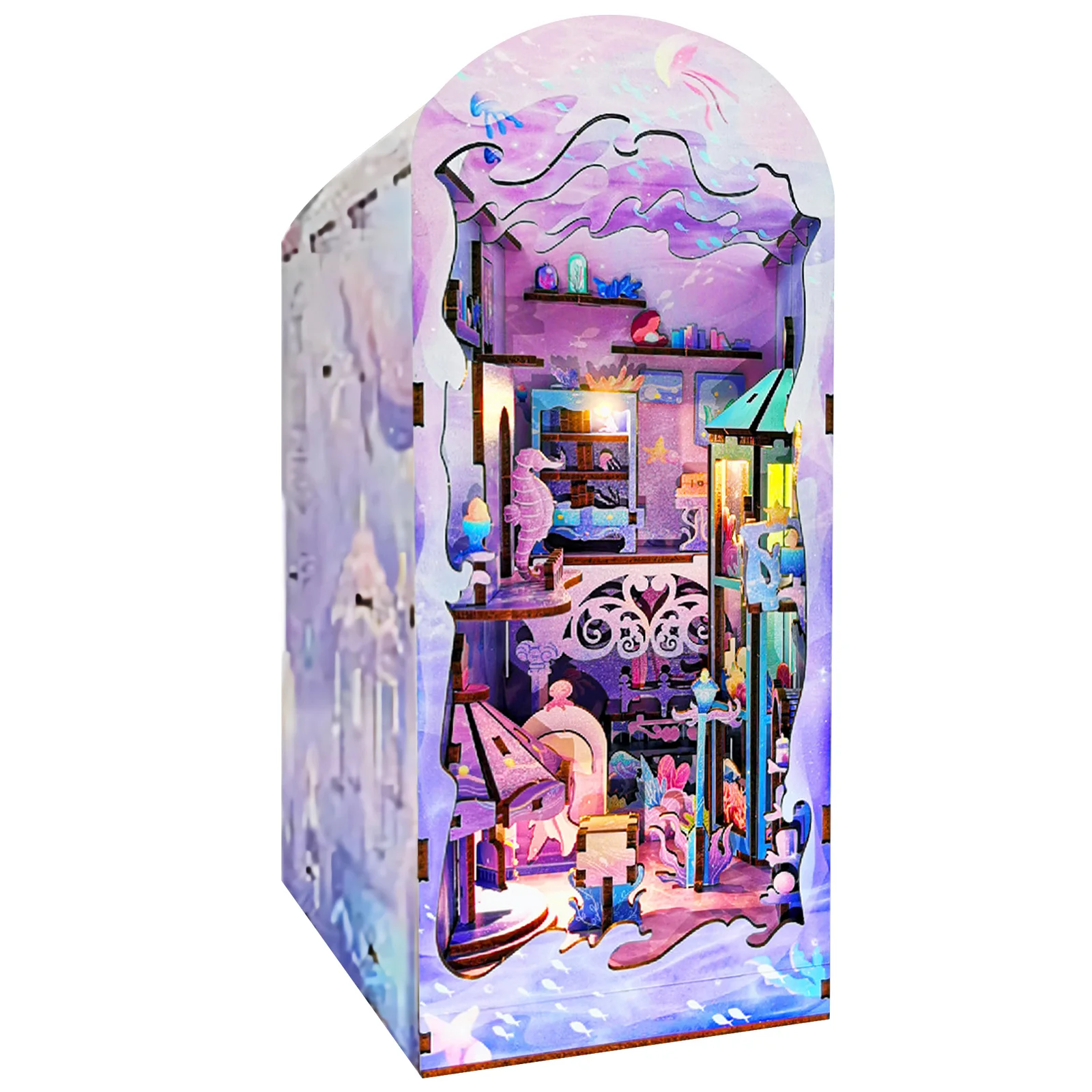 

DIY Book Nook Kit 3D Wooden Puzzle Bookshelf Insert Decor with LED Light DIY Miniature Dollhouse Model Kit Creative Educational