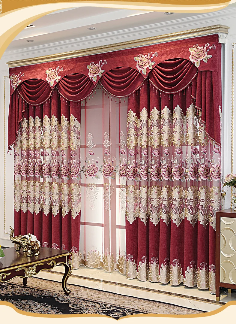 European Style Curtains for Living Dining Room Bedroom Light Luxury Snowy Embroidered Curtains Red Curtain Valance Curtain Tulle