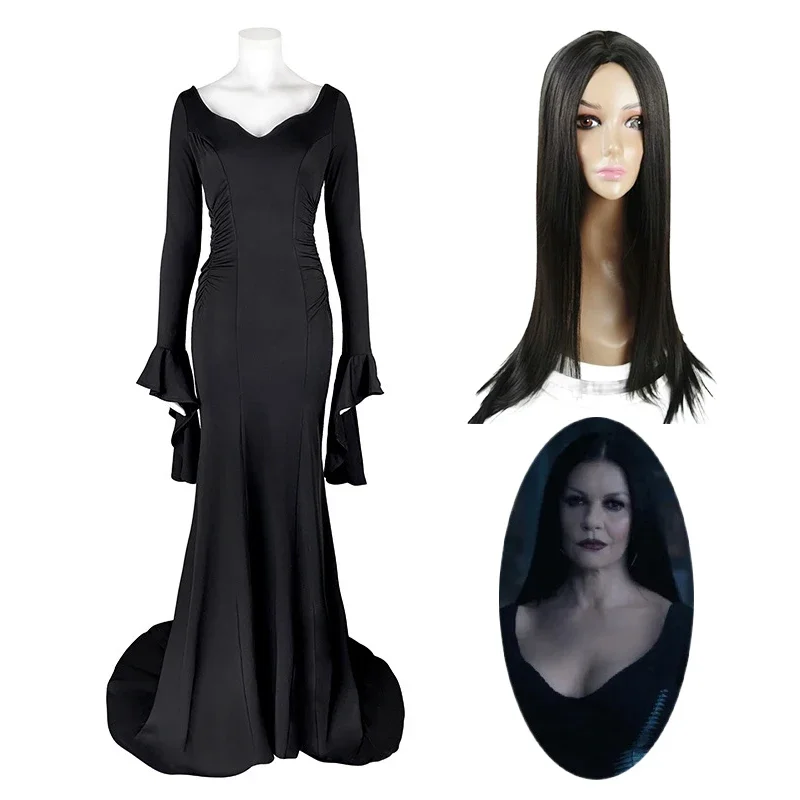 

Wednesday Addams Morticia Addams Cosplay Costume Dress Wig Adult Women Sexy Punk Gothic Witch Lace Up Slim Gown Dress Halloween