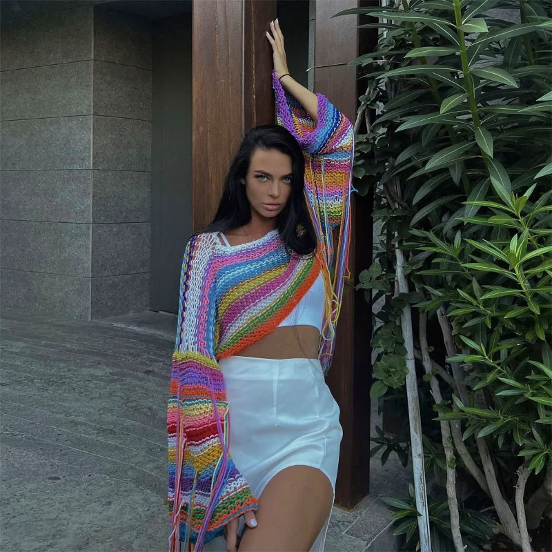 Tassel Contrast Holiday Sweater Pullovers For Women Loose Flared Sleeve Beach Boho Knit Female Cover up Pullover Crop top