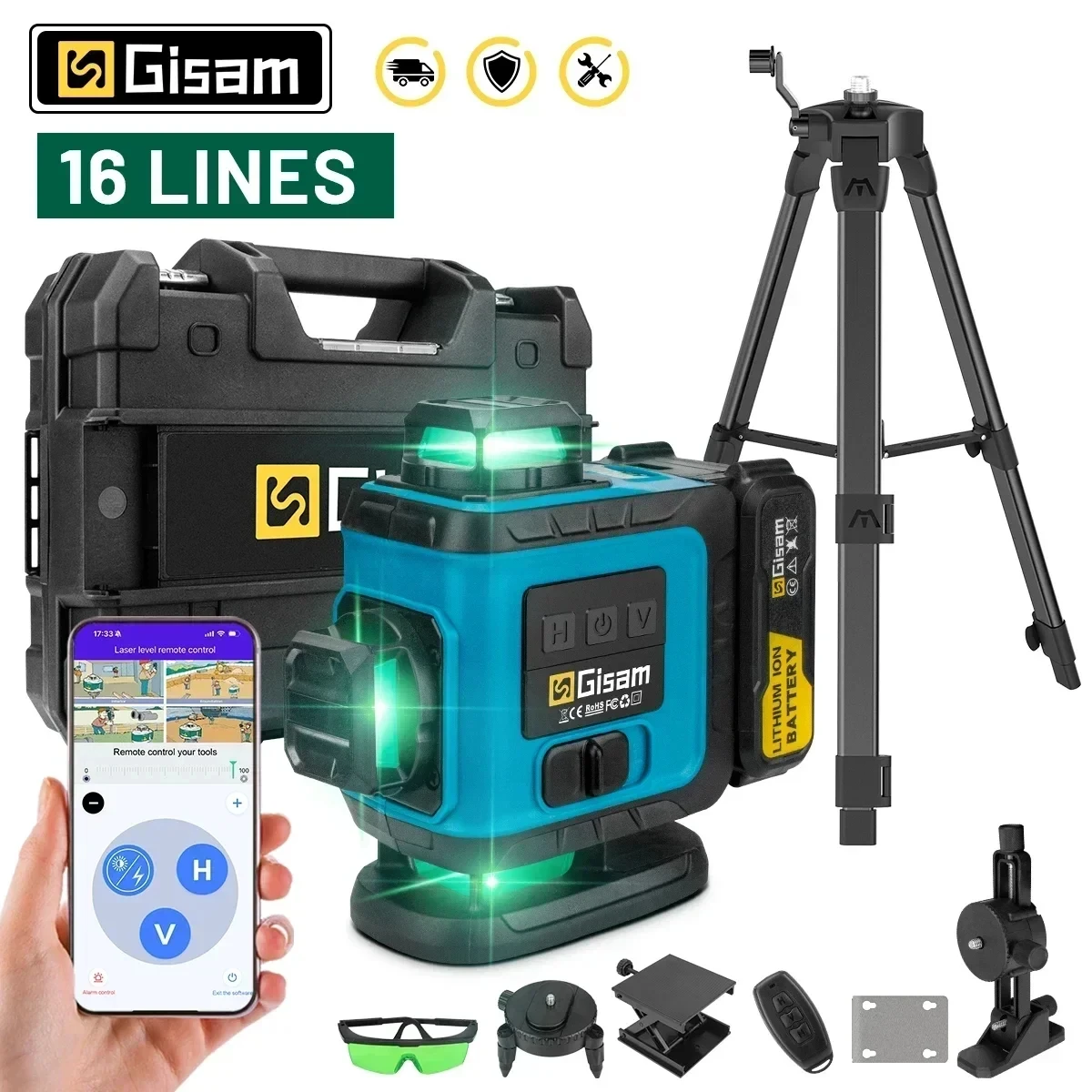 GISAM Laser Level 1420, 16 line 4D with tripod, green self-leveling 360° horizontal vertical cross light, powerful measuring beam