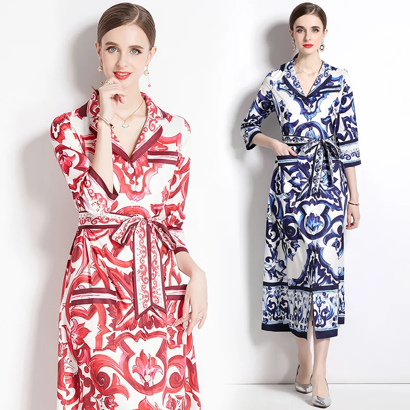 

Runway Blue And White Porcelain Shirt Dress Women Clothing Notched Collar Single Breasted Lace Up Pocket Loose Vestidos A8735