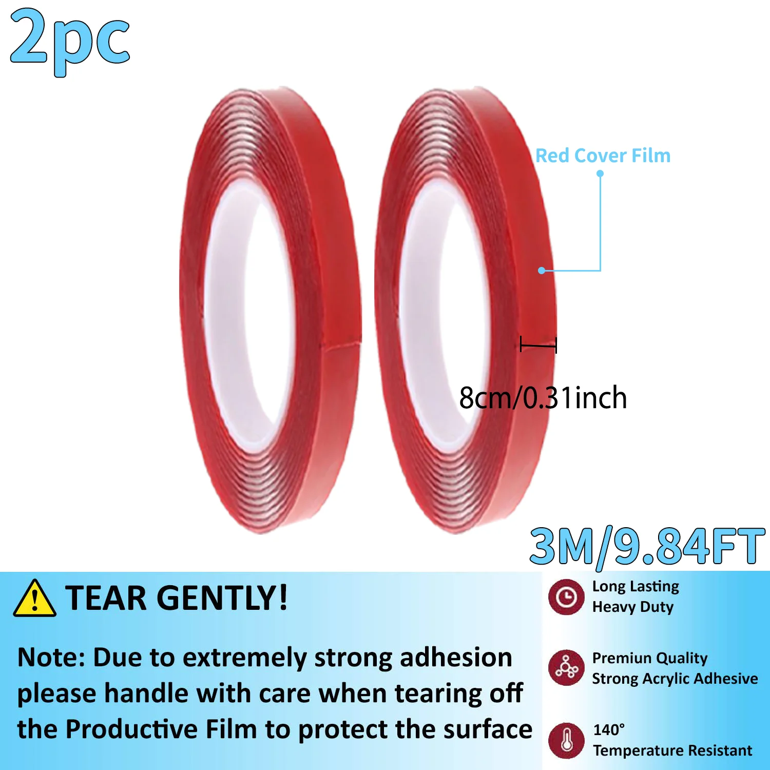 High-Strength Double-Sided Red Acrylic Tape for Screen Repair, Multiple Widths Available