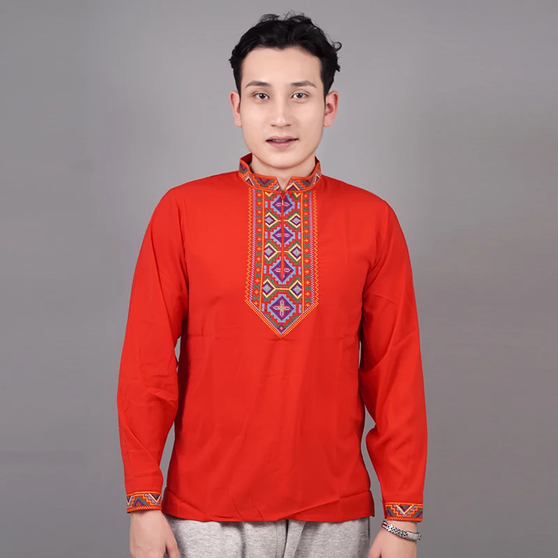 Chinese Xinjiang Uyghur Traditional Long-sleeved Embroidered Top Stand Collar T-shirt for Men Women Tshirt Tees Shirt Blouse