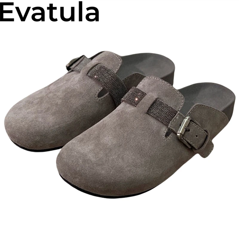 

Round Wrap Toe Suede Flat Half Slippers For Women Fashion Thick Sole String Bead Mules Summer Casual Walking Loafers Shoes Femme