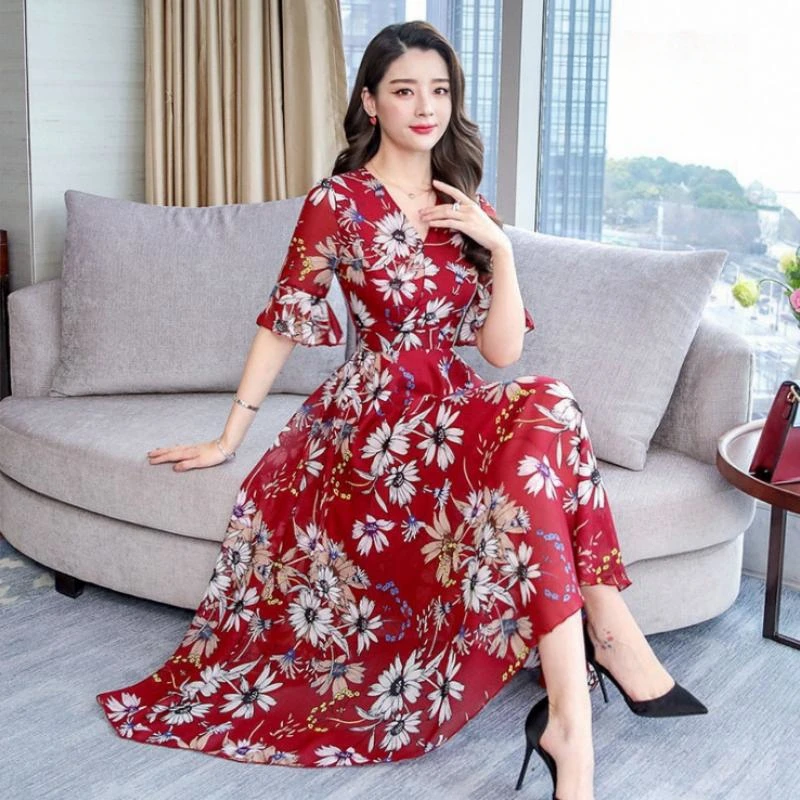 

Summer Women's Floral Printed Dress Beach Flare Sleeve V-Neck Bohemian Long Dresses For Women Casual Slim A-Line Female Clothing