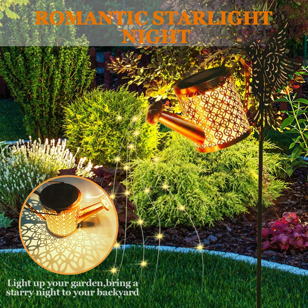 Solar Watering Can Light Metal Hanging Lantern Hummingbird Watering Can Light Garden Stake Light for Garden Yard Balcony
