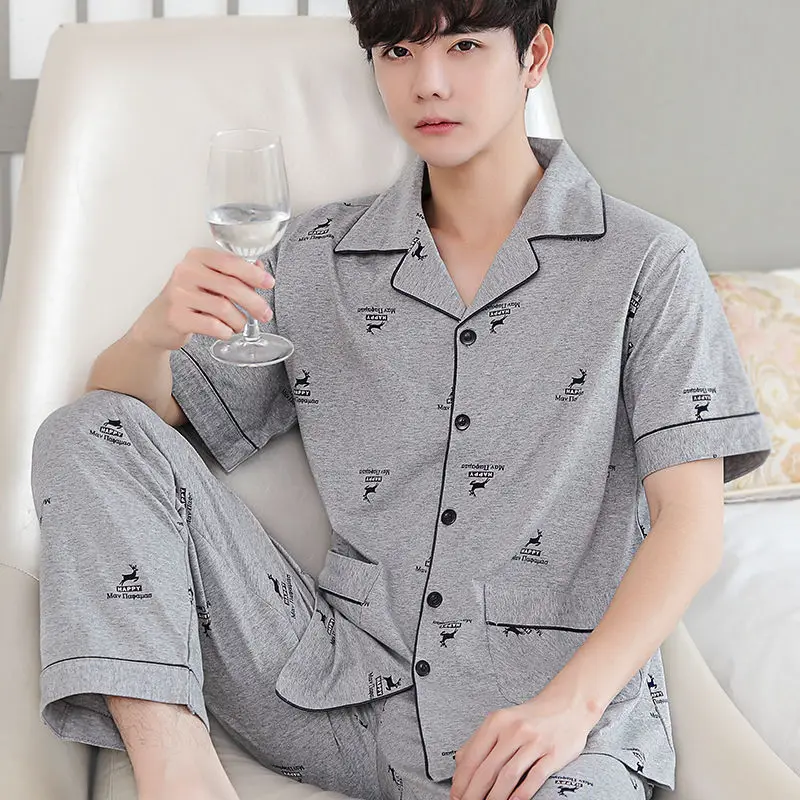Luxury Brand Sleepwear Men Pajama Sets Short Sleeve Cardigan Pants Two Pieces Loungewear Nightwear Summer Autumn Lounge Sets