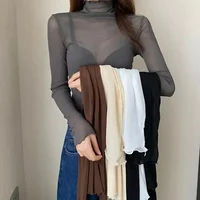 Sexy Women T Shirt See Through Transparent Mesh Tops Long Sleeve Sheer Slim Ladies Solid Turtleneck Silk T-Shirt Lace Crop Top