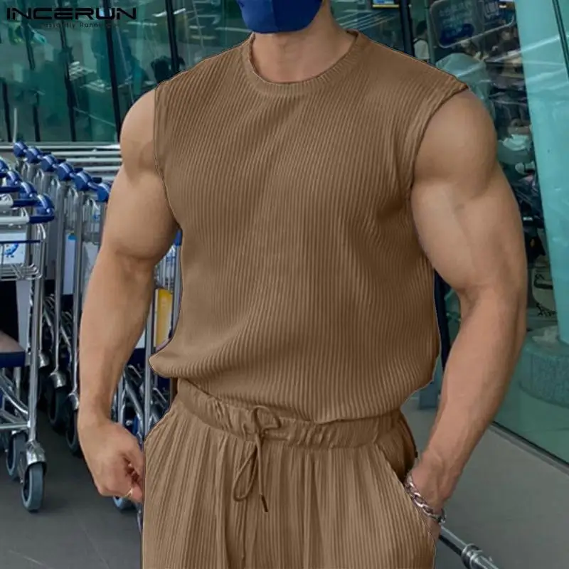 

INCERUN Tops 2024 Korean Style Street Men's Fitness Texture Striped Tank Tops Fashion Male Shoulder Solid Sleeveless Vests S-5XL