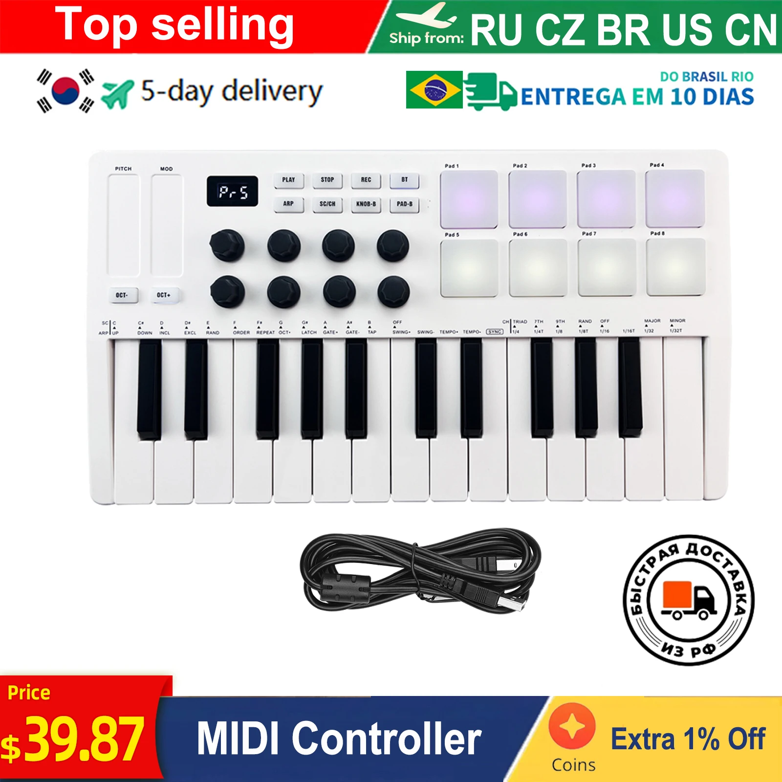 Clavier De Contrôle MIDI À 25 Touches Mini Clavier USB Portable Contrôleur  MIDI Avec 25 Touches Sensibles À La Vélocité 8 Pads Rétroéclairés RVB 8 Bou