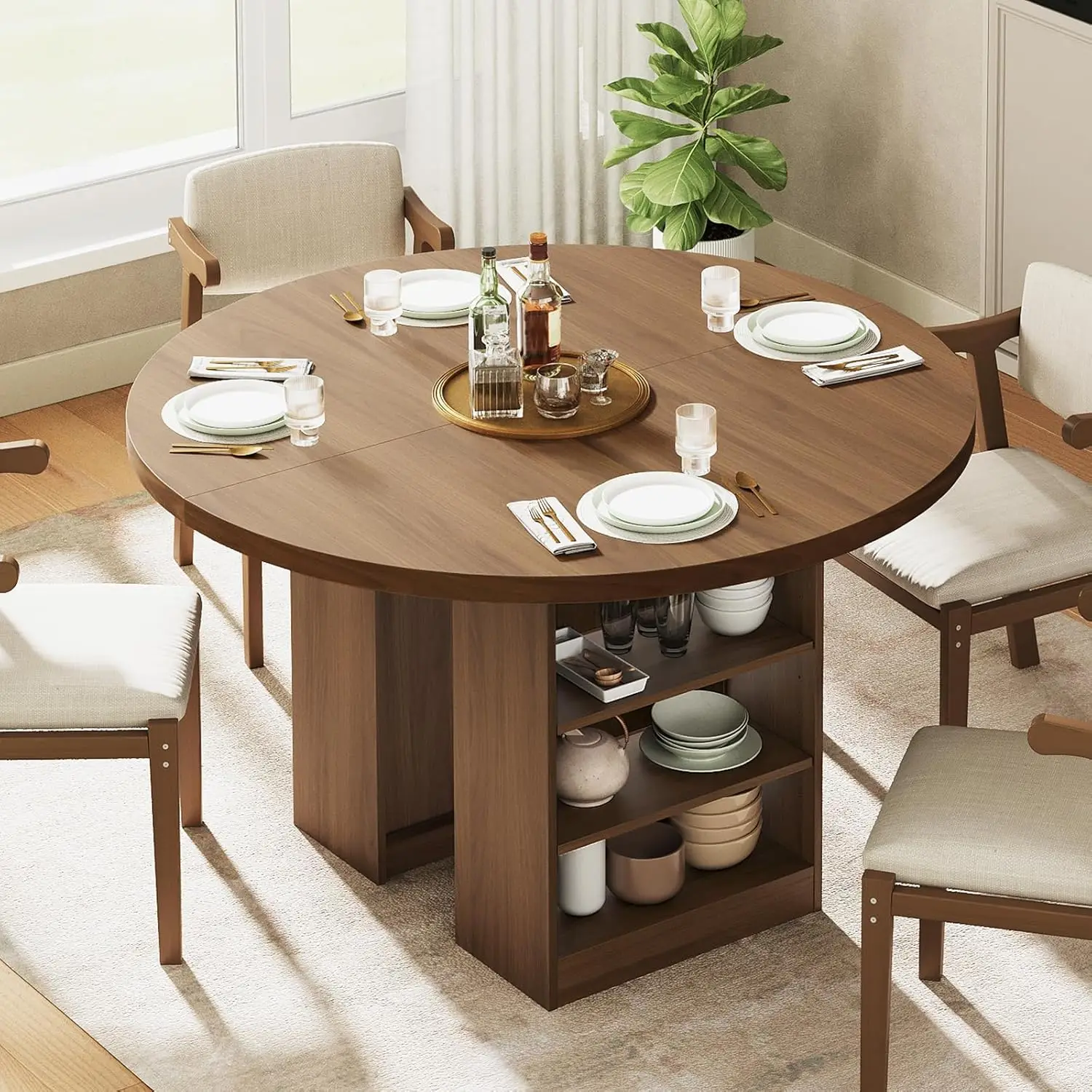 59'' Extendable Dining Table for 4-8, Round Kitchen Room Table with 3-Tier Storage Racks, Adjustable Shelves,, Customized