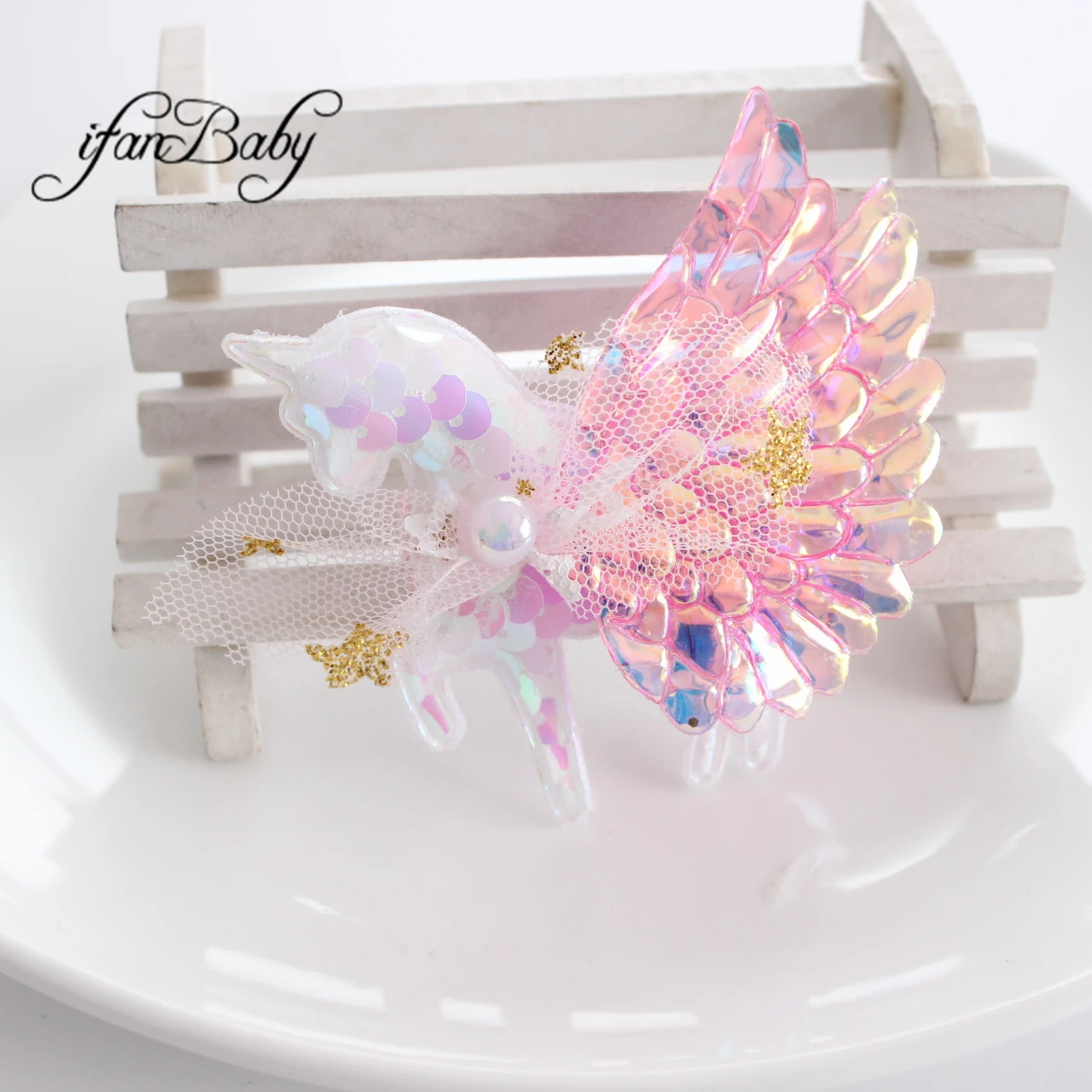 Neue Mode Einhorn Flügel Pailletten Haars pangen Kinder Mädchen Haarschmuck 1St – Detail 3