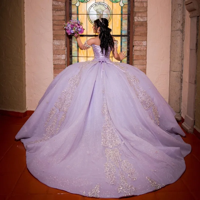 

Luxury lavender Shiny Glittering Off-Shoulder Quinceanera Dresses Vestidos De 15 Anos Applique Lace Crystal Birthday Party Ball