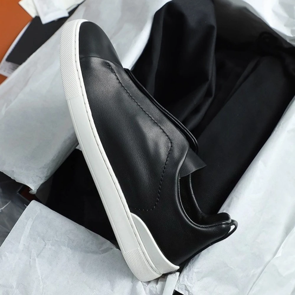 Real leather men's casual skateboarding shoes hiking flat footed low top sports shoes men's off white loafers lazy white shoes 1