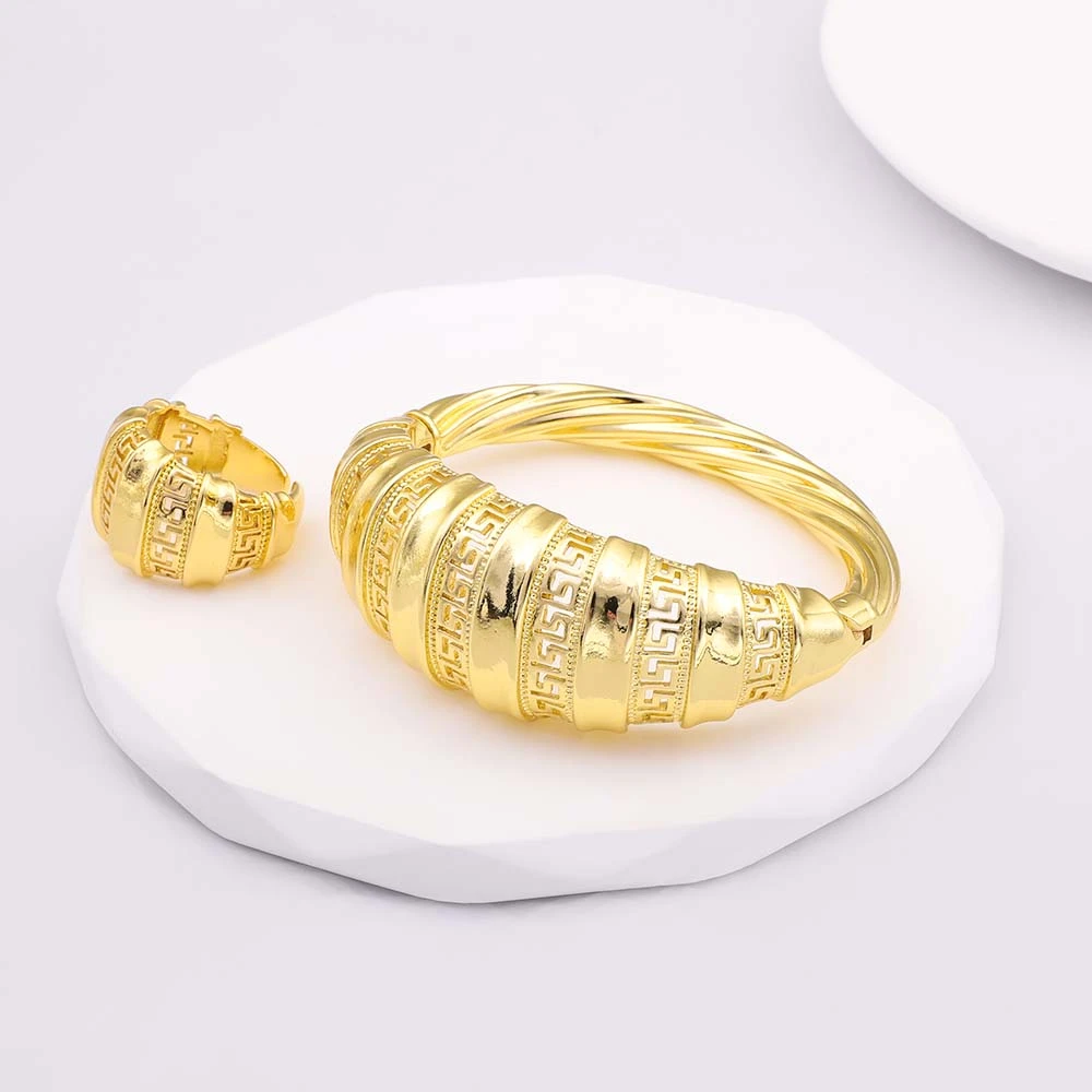High Quality Gold Plated Bracelets Ring Set African Cuff Bangles For