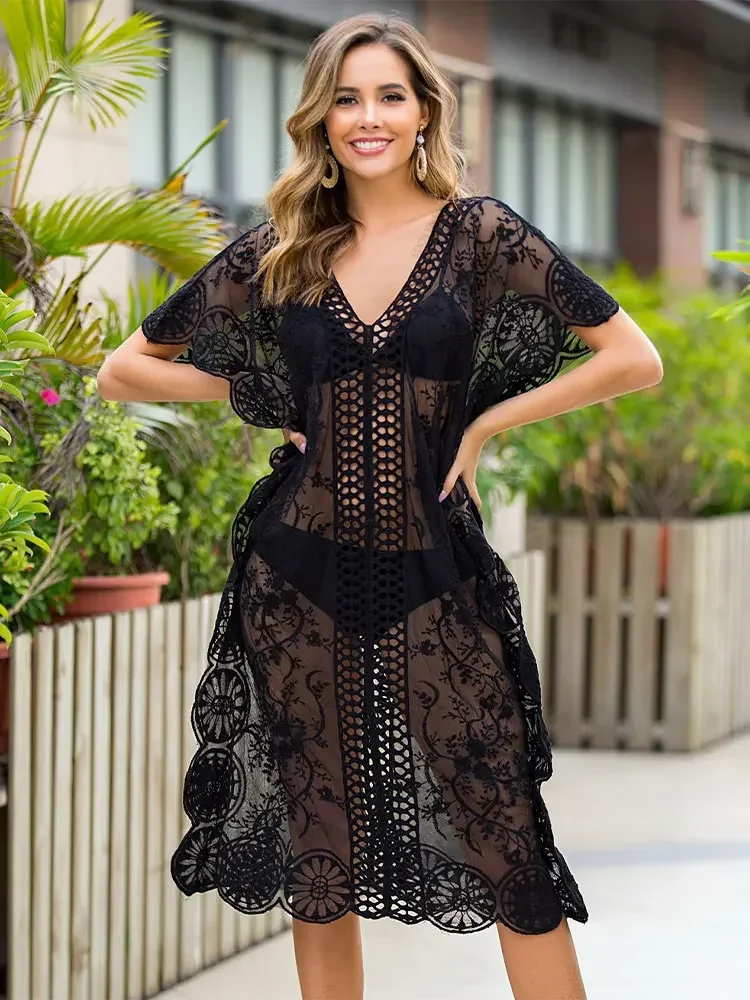 Tunics For beach Long Lace Beach Dress Women Swim Cover up Plus size Saida de Praia Robe de Plage Kaftan Beach Cover up A364 beach cover swimsuit cover beach dress
