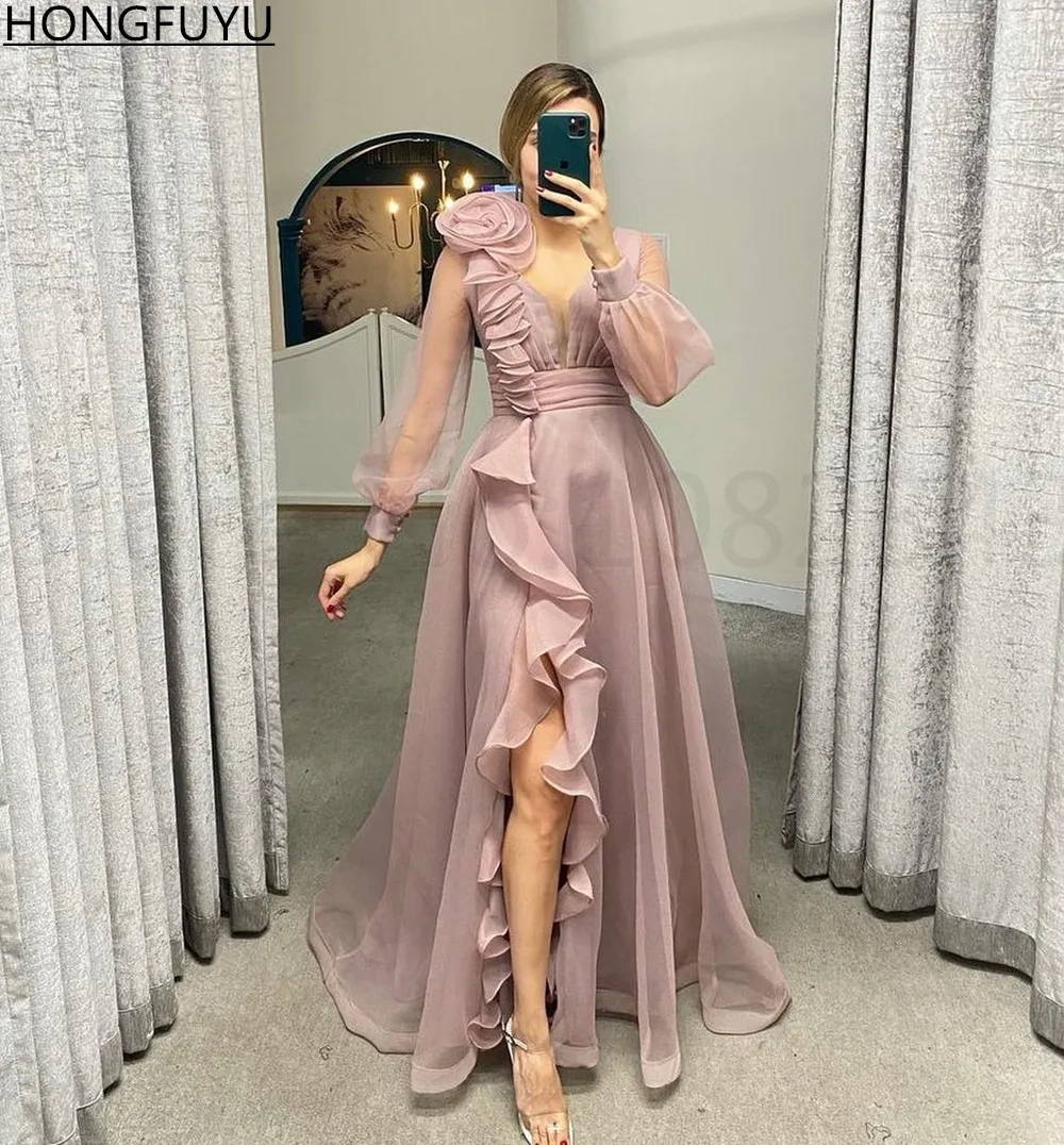 HONGFUYU Dusty Pink Sheer V Neck Prom Dresses A Line Side Slit Long Sleeves Wedding Party Gowns Ruffles Tulle Evening Dress princess prom dresses