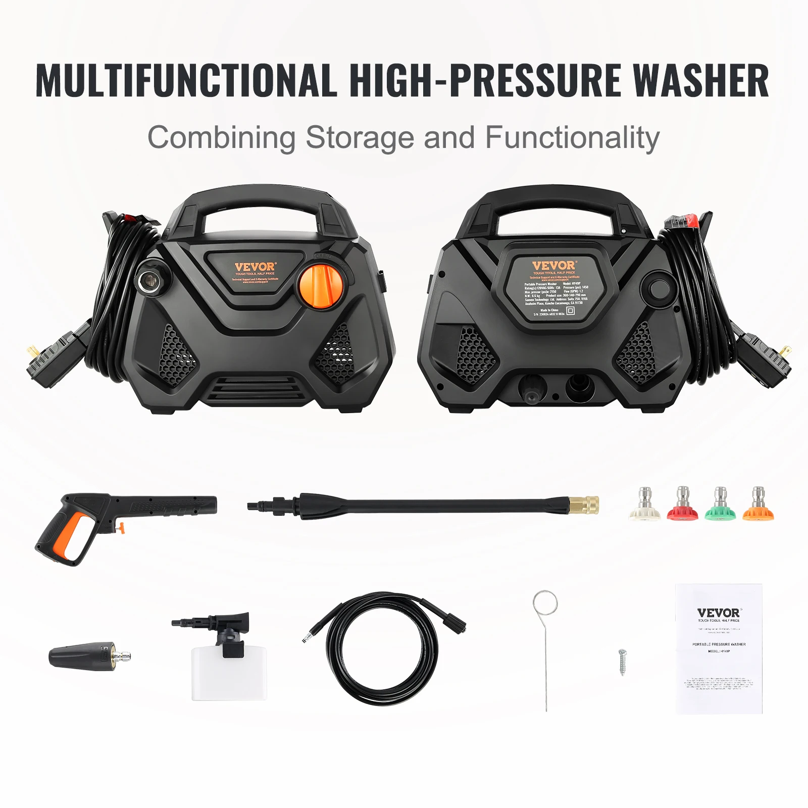 VEVOR Electric Pressure Washer 2150PSI 1.85-GPM Foam Cannon High-Pressure Portable Cleans Cars/Fences/Patios/Furniture/Floor/ 3